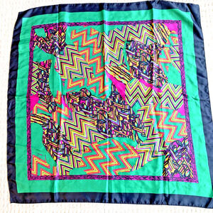 Colorful Silky Scarf Abstract Green Black Purple Yellow Print Large 34” Square